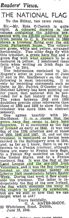 Letter to the Irish Press in 1946 from Hayes McCoy