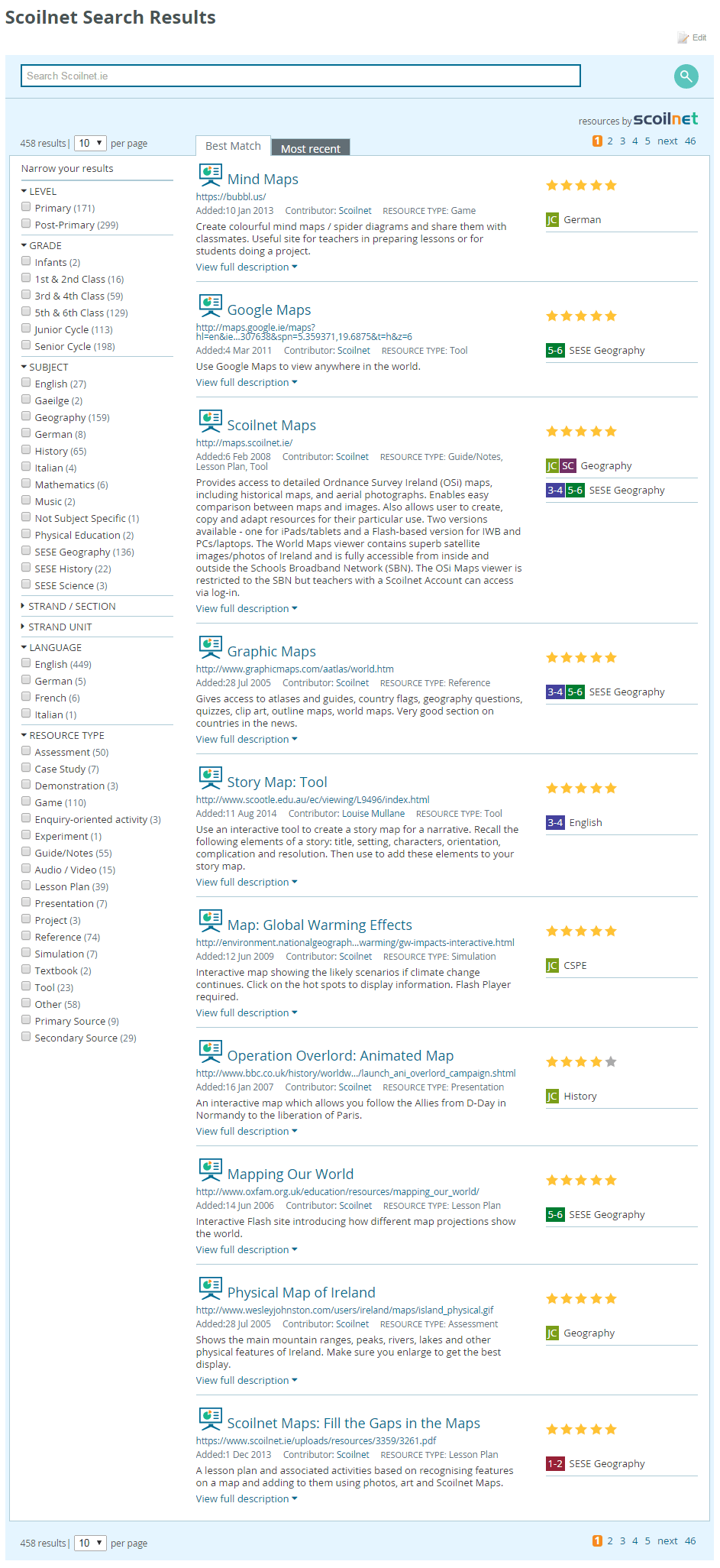 Scoilnet Search Results page