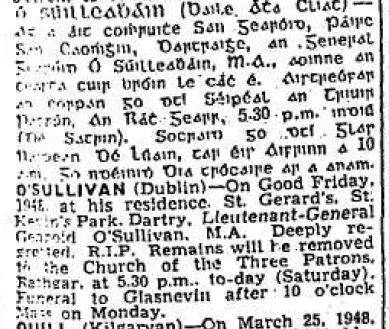 Gearóid O’Sullivan, notice of his death, 1948 - The Cork examiner, 27 March 1948, p1