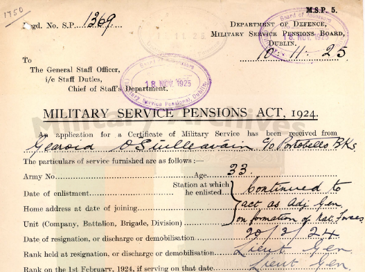 OSullivan service pension application 1925