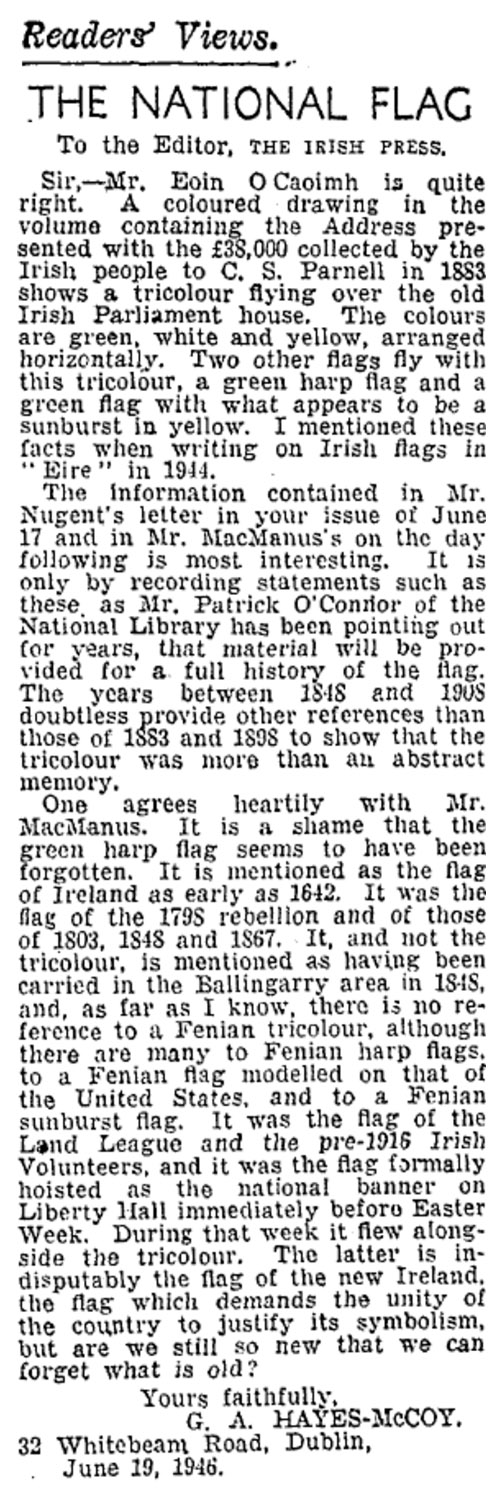 Letter from historian McCoy Hayes to the Irish Press in 1946